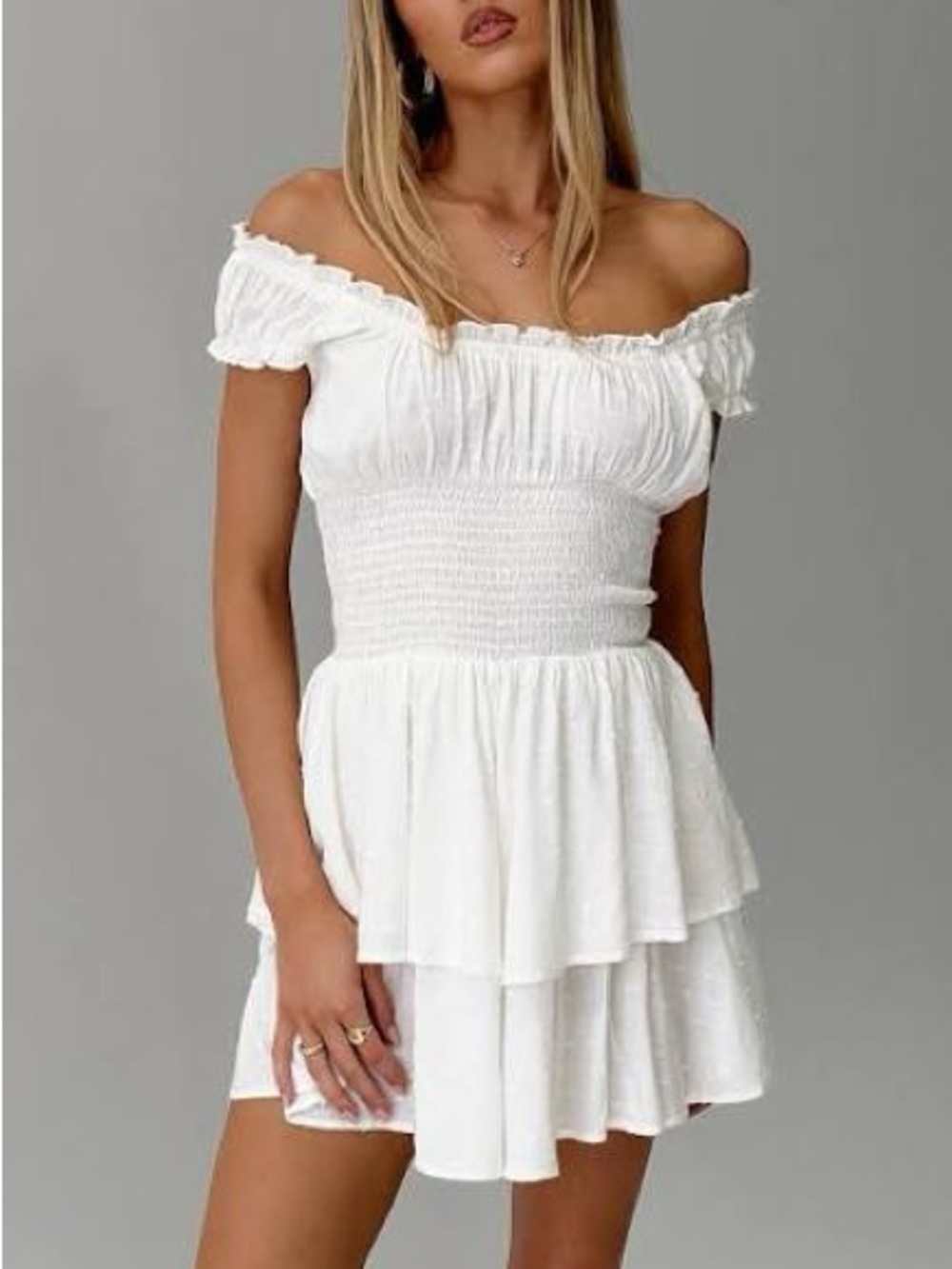 Princess Polly White Off-Shoulder Tiered Mini Romper